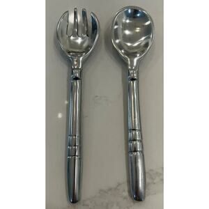 Pewter Salad Serving Set Spoon & Fork with Fluted Handles 9” Flatware made India